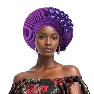 Source Unknown Purple Floral Embellished Gele Headwrap